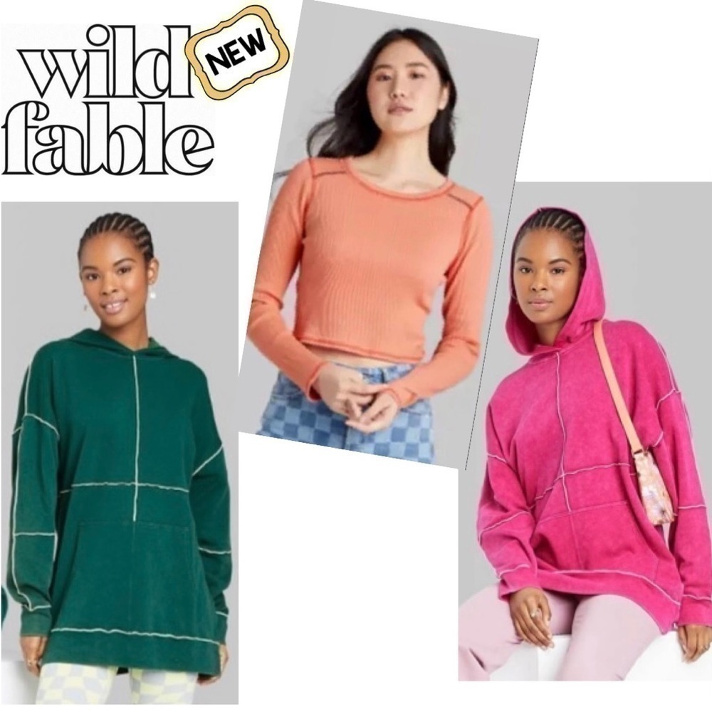 NWT 3pc Bundle WILD FABLE Hoodie Top Sweatshirt Pink Orange Green Junior XS NEW